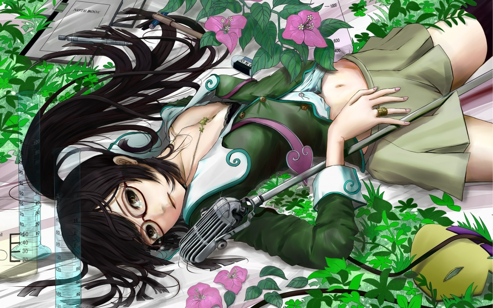 ilustrace, květiny, anime, bruneta, brýle, kreslená pohádka, mikrofon, komiks, dívka, fiktivní postava, mangaka, komiks, hvězda řidič Nichi Keito