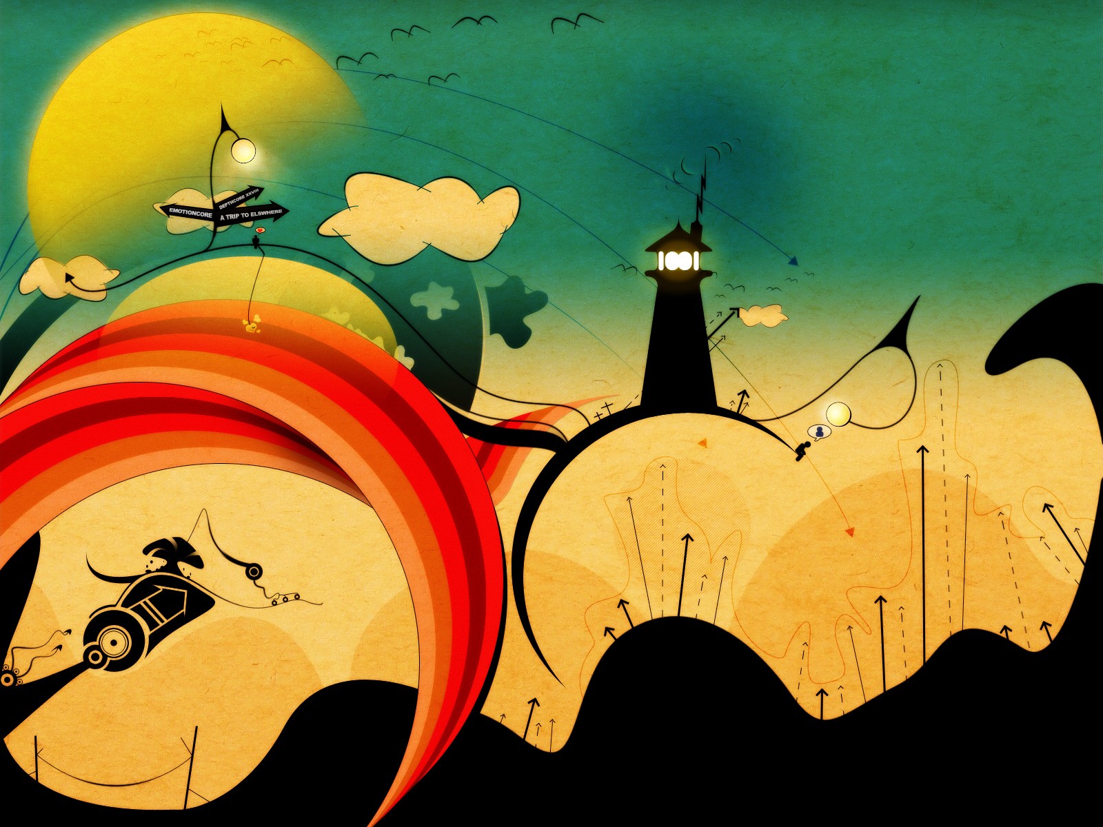 pintura, ilustração, abstrato, céu, obra de arte, silhueta, amarelo, desenho animado, design gráfico, farol, ARTE, gráficos, 1600x1200 px, Papel de parede do computador, arte Moderna, Fonte, ficção, tinta acrílica, visual arts
