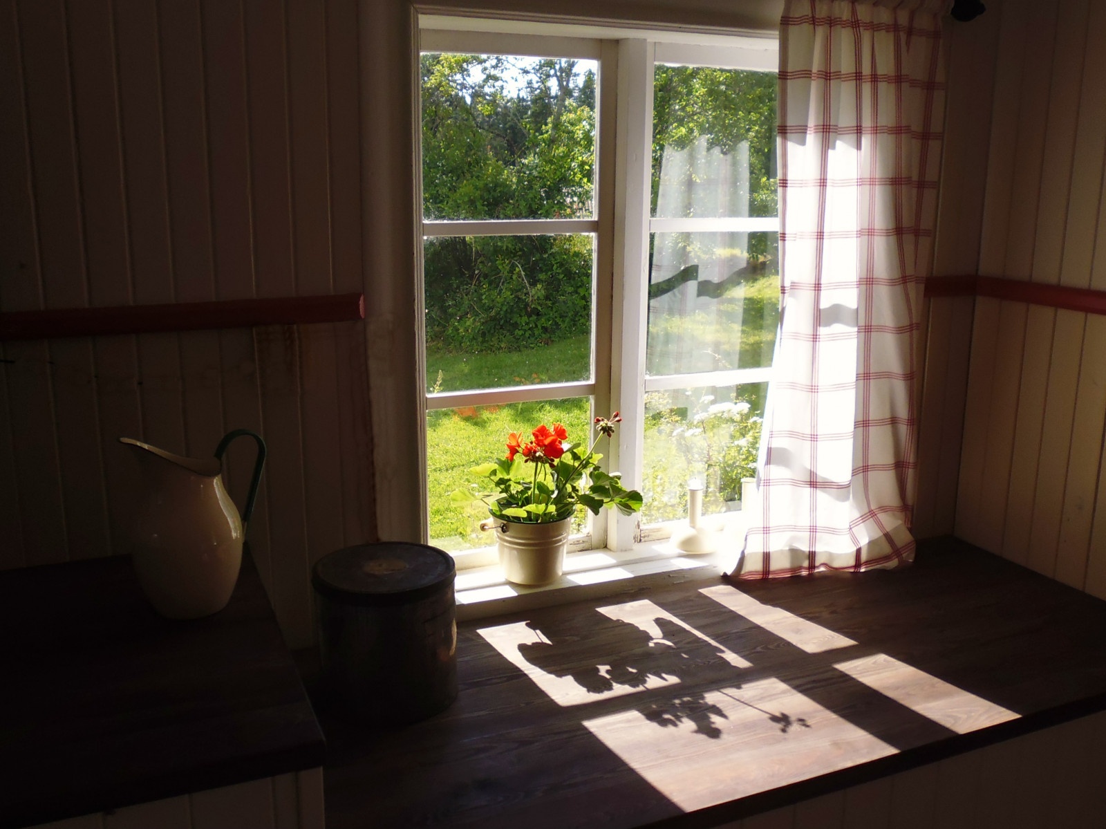 stín, květ, okno, červen, červen, Švédsko, interiér, starý dům, Blomma, Sverige, sommar, Stuga, skugga, f nster, pelargon, dager