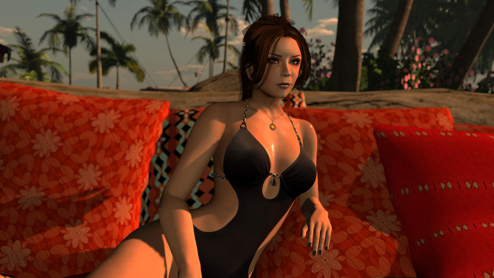 trees, model, sunset, 3D, red, photography, beach, CGI, necklace, black hair, relaxing, computer, world, resort, tropical, ponytail, gold, amber, VirTual, glow, palm, girl, lady, club, posing, swimsuit, secondlife, maitreya, goddess, monokini, pillows, screenshot, graphics, computer wallpaper, brown hair, updo, alexandriabrangwin, ishtar, lunging, caia, medalion, cg artwork