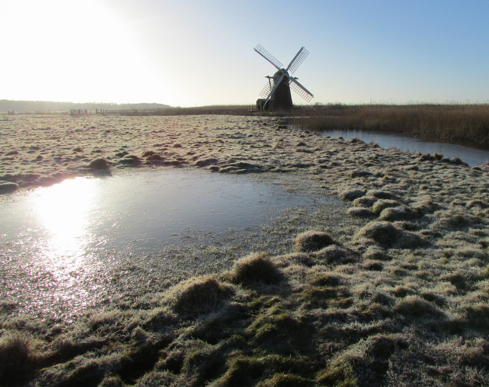morgen, afspejling, mølle, is, vindmølle, daggry, Suffolk, frost, frost-, busseronne, herringfleet