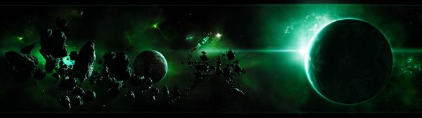 planet,space,space art,spaceship,green,dual monitors