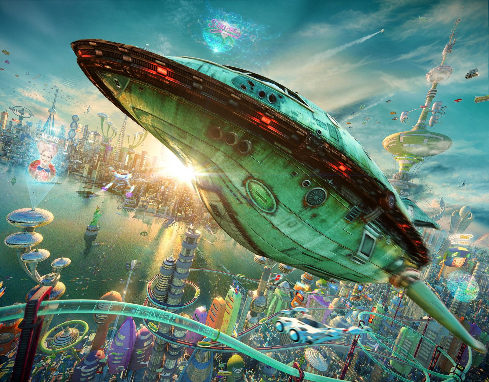 město, 3D, futuristický, Pod vodou, kosmická loď, realistický, raketa, Futurama, biologie, planet express, útes, počítač tapeta, mořská biologie, hlubinné ryby