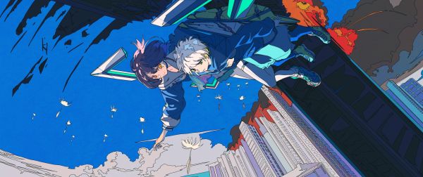 anime,artwork,white hair,ultrawide,yellow eyes,sky