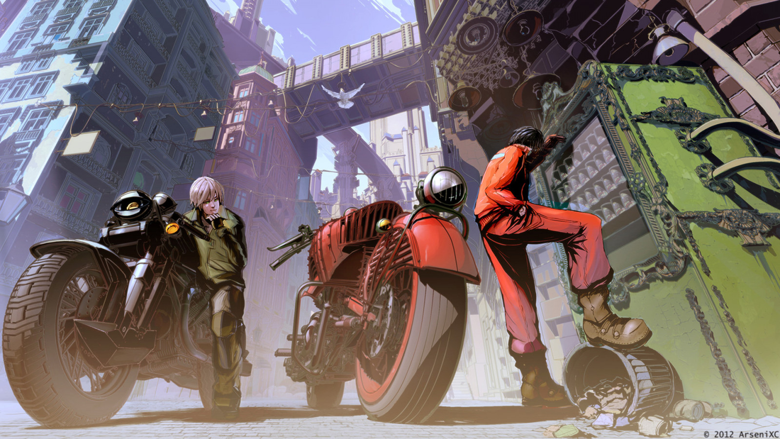 digitální umění, umělecká díla, město, městský, motocykl, vozidlo, ulice