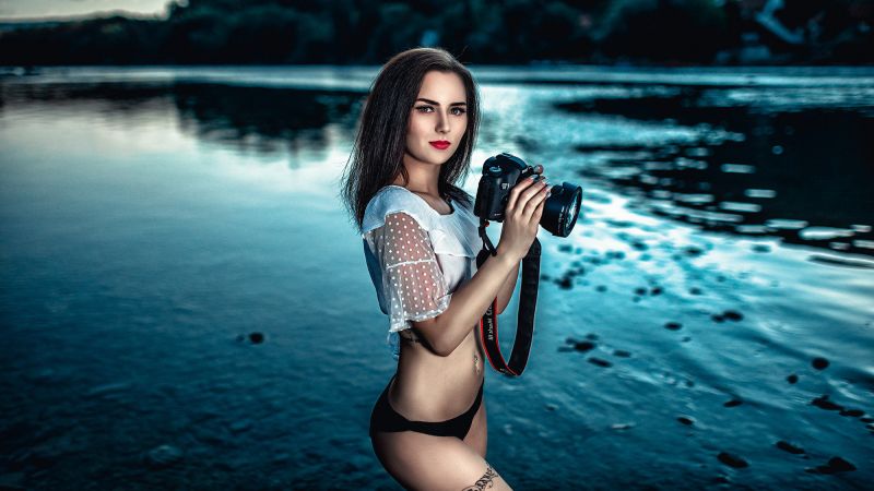 ženy, řemen, tetování, portrét, břicho, Fotoaparát ženy, řemen, tetování, portrét, břicho, Fotoaparát