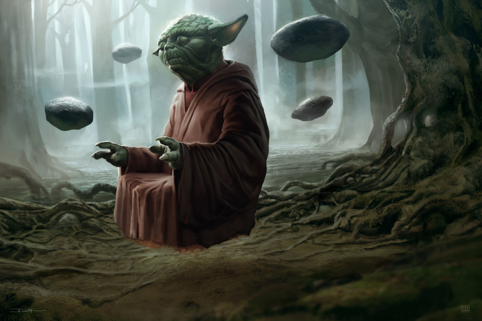Wallpaper Dave Keenan, Yoda, nature, rocks, trees, Star Wars