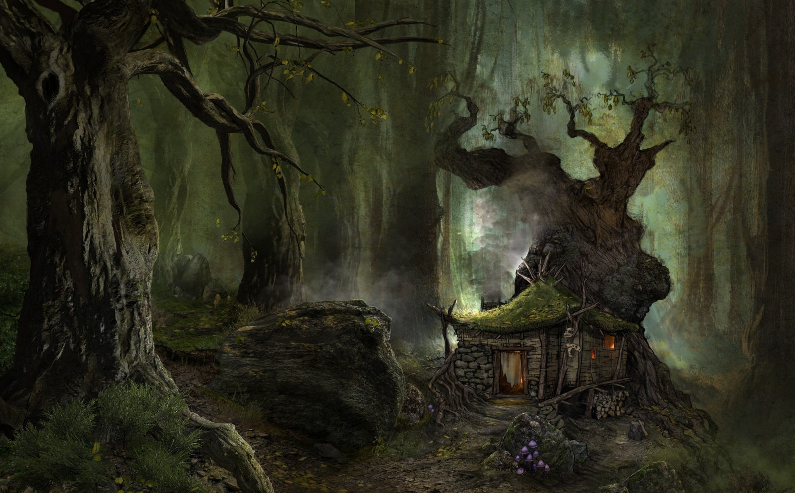 2467x1534 px, horripilante, arte digital, Arte fantasía, bosque, casa, niebla, seta, naturaleza, rock, cráneo, piedra, Árboles, madera