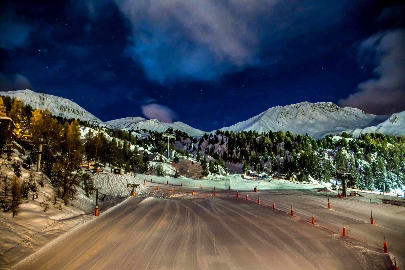 nebe, sníh, stanice, noc, les, hvězda, Los Angeles, jedle, Plagne, Sedačková lanovka, Plagnecentre, Horní Savojsko, canonef24105mmf4lisusm, canon6d