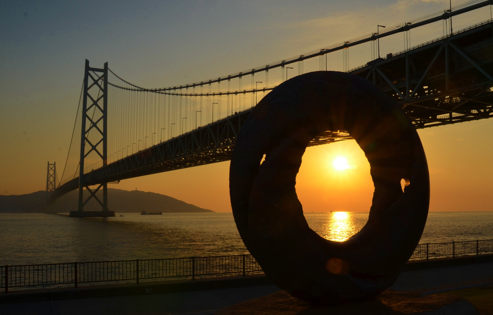 Japonsko, slunečnímu záření, západ slunce, noc, odraz, svítání, večer, ráno, most, slunce, soumrak, světlo, kobe, akashikaikyo, osvětlení, tvar, tma
