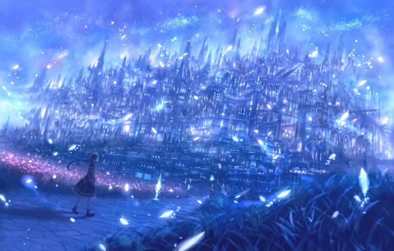 fantasy umění, budova, tráva, slunečnímu záření, noc, modrý fantasy umění, budova, tráva, slunečnímu záření, noc, modrý
