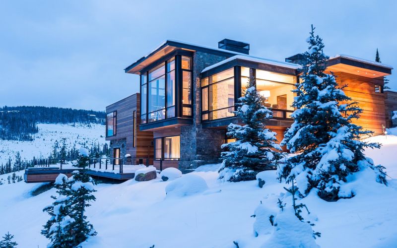 casa, moderno, construção, inverno, neve, Árvores