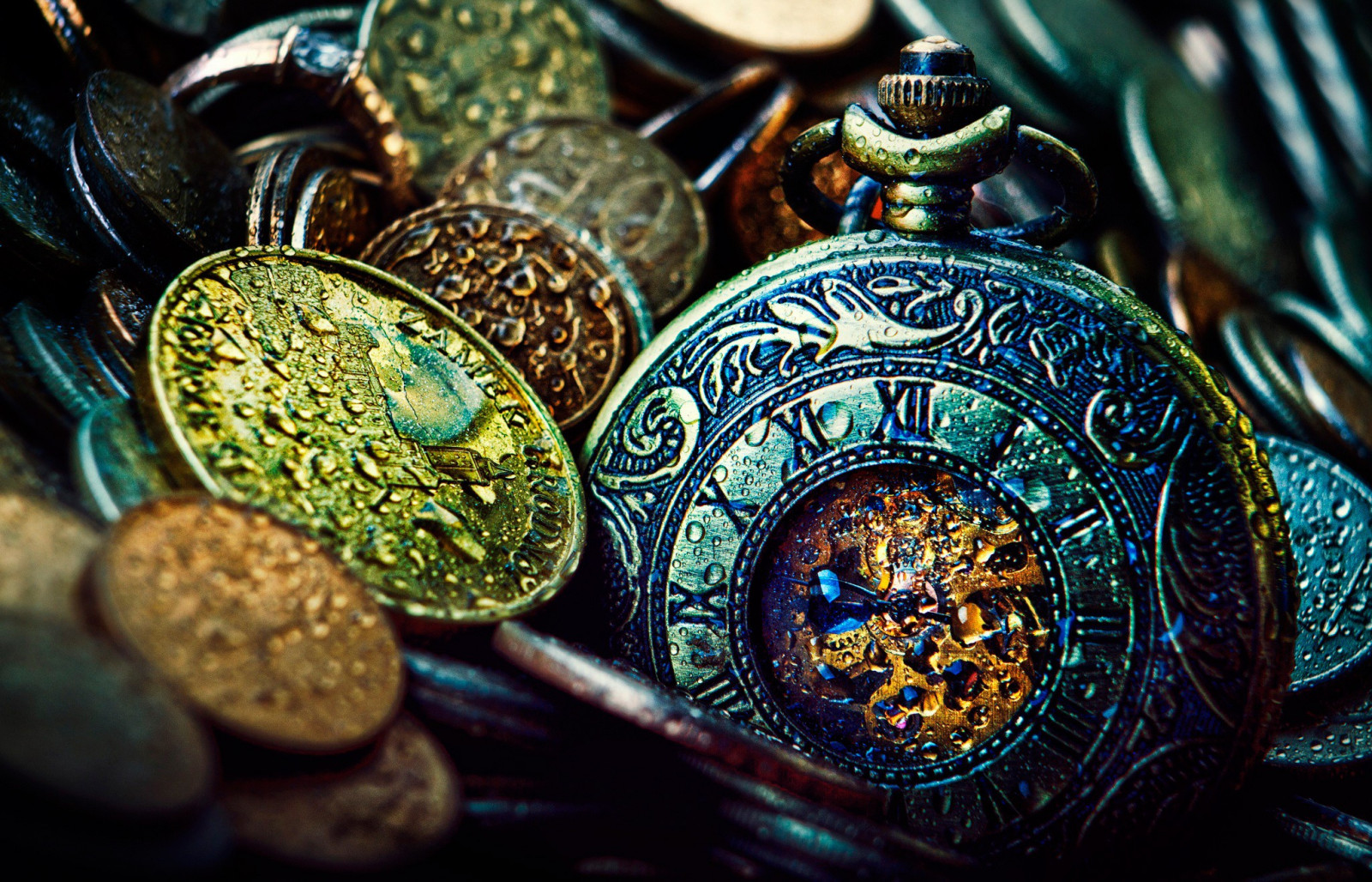 Wallpaper green, blue, glass, metal, clocks, coins, ART, color