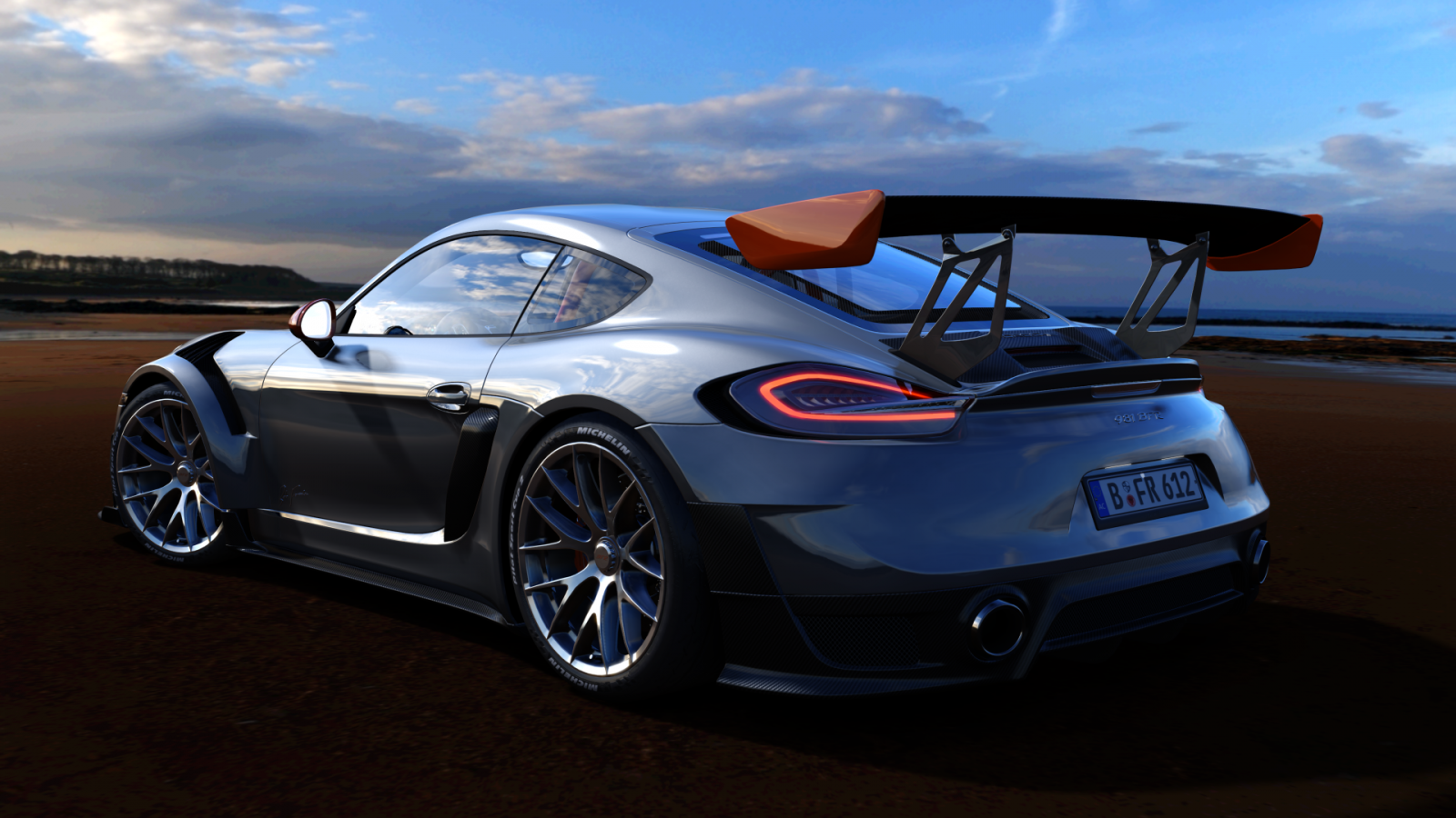 Porsche Cayman, Porsche 918 Cayman, Německé vozy, chróm, odraz, odráží, Assetto Corsa, Porsche, vozidlo, pláž, mraky