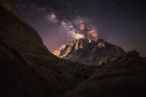 mountains,snowy peak,snow,stars,night,galaxy