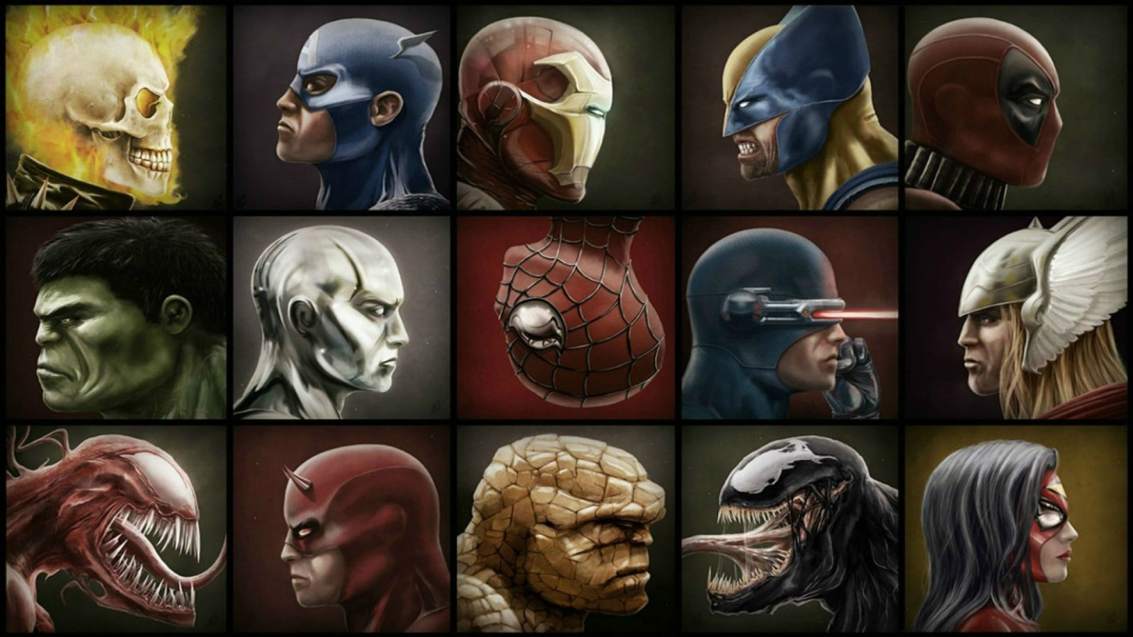 1920x1080 px, Captain America, Carnage, Daredevil, Deadpool, Fantastic Four, Ghost Rider, Hulk, Iron Man, man, Marvel Comics, Silver Surfer, spider, superhero, The Thing, Thing, Thor, Venom, Wolverine