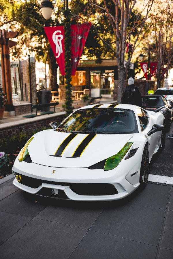 trees,street light,white,car,vehicle,italian cars