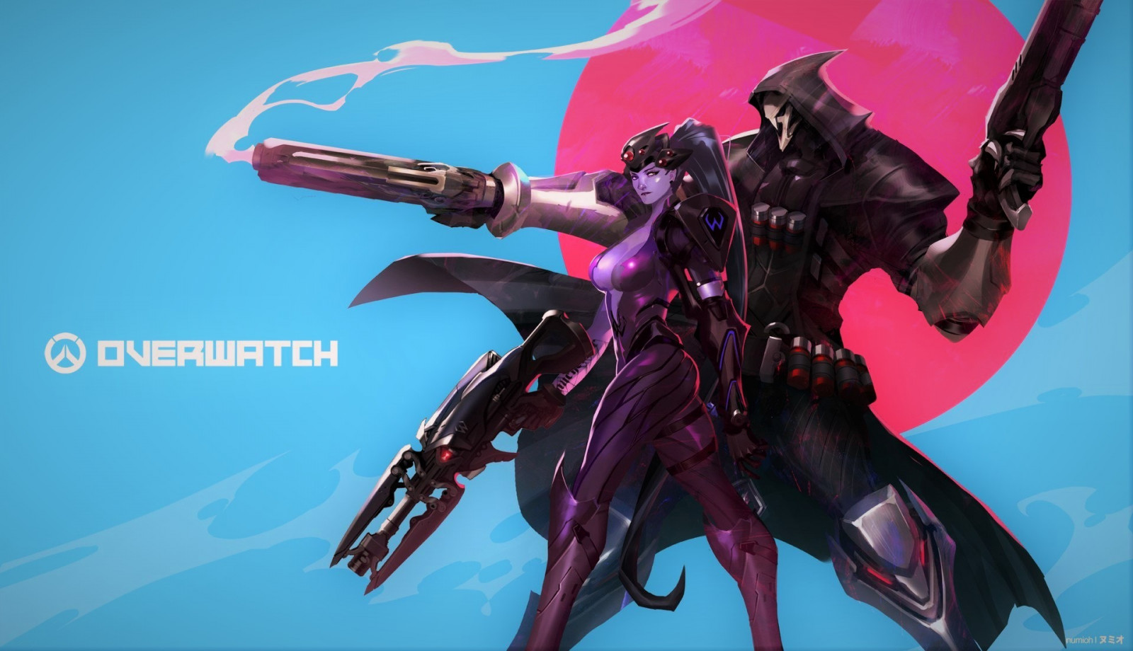 bílý, ilustrace, anime, modrý, počítač, Overwatch, Reaper Overwatch, Widowmaker Overwatch, PC herní, kostra, Blizzard Entertainment, Hračka, odstřelovací puška, stroj, pistole, brokovnice, Snímek obrazovky, mecha, akční figurka