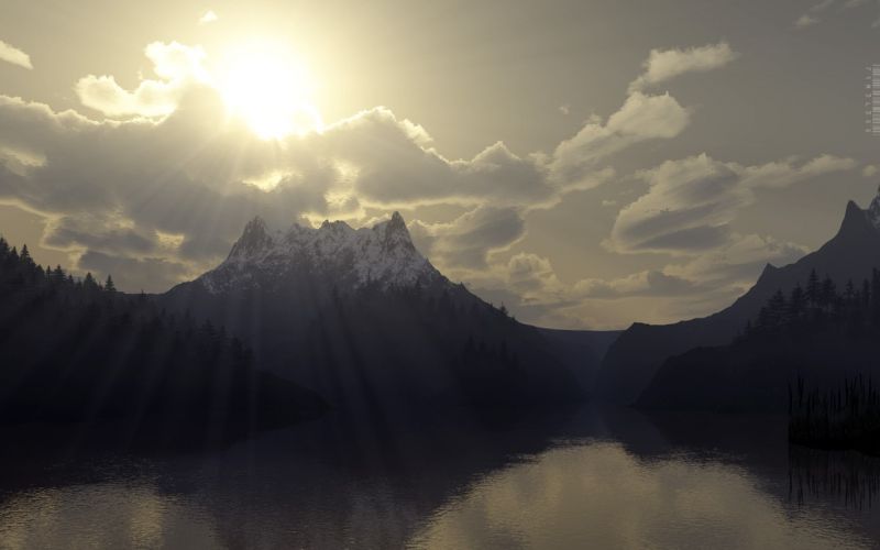 sunlight, sunset, lake, nature, 3D, render sunlight, sunset, lake, nature, 3D, render