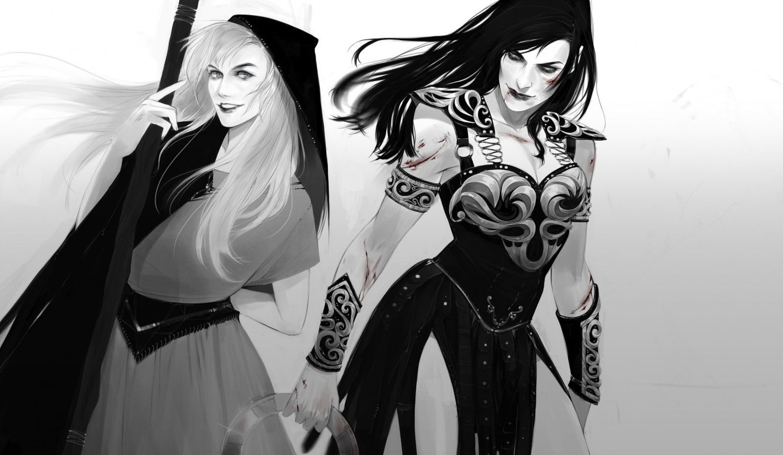 ilustrace, černobílý, fantasy umění, anime, Xena Warrior princezna, oblečení, kostým, skica, Černý a bílý, monochromatické fotografování, mangaka, goth subkultury, 2835x1651 px