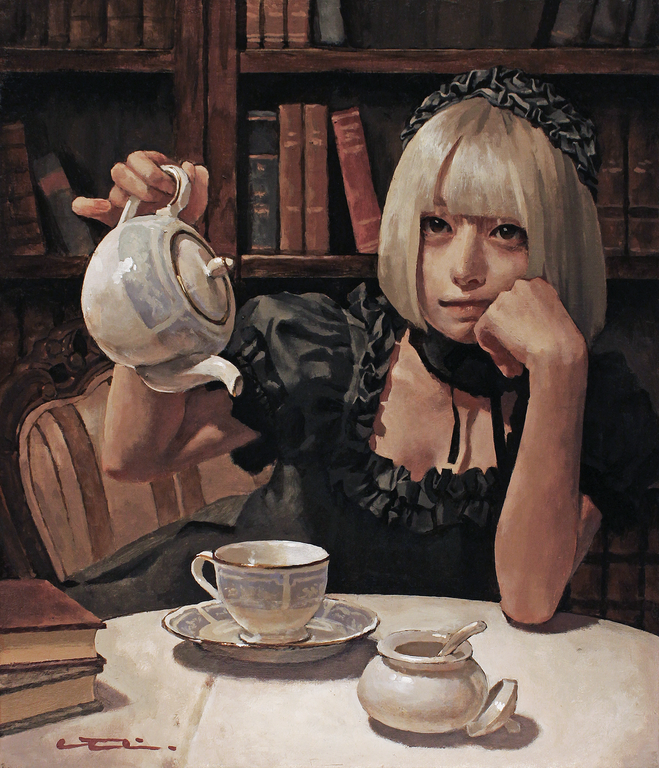 Wallpaper oil painting, women, Pony artist, blonde, tea, vertical