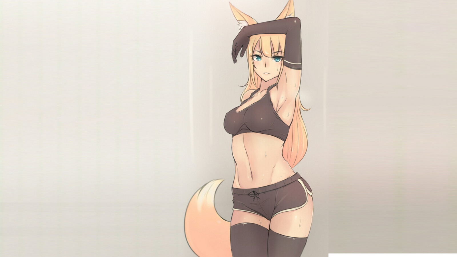 anime, Anime piger, Dyreører, tegneserie, sort hår, lår højder, kitsunemimi, originale karakterer, lingeri, tøj, hånd, finger, ben, kostume, muskel, undertøjet