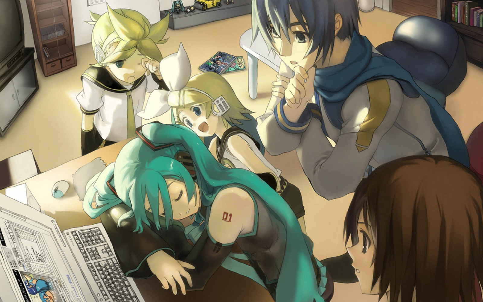 ilustrace, anime, Vocaloid, Hatsune Miku, Kagamine Rin, komiks, Kagamine Len, Meiko, Snímek obrazovky, 1920x1200 px, mangaka