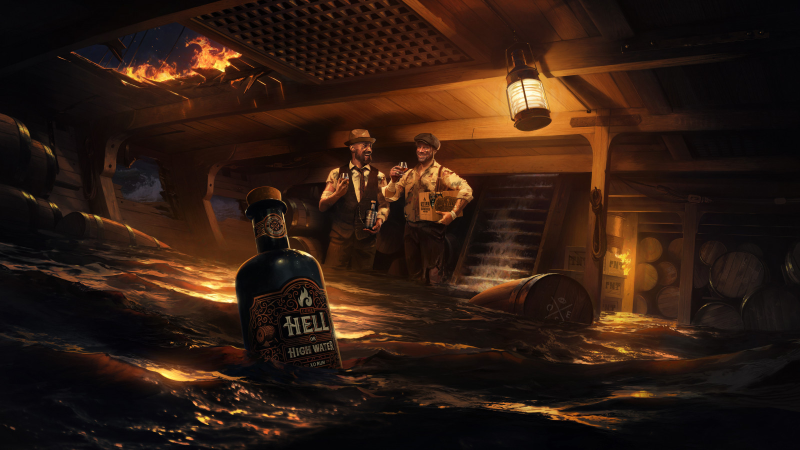 Wallpaper artwork, rum, ship, water, fire, men, lights, alcohol, bottles, Barrel 3840x2160