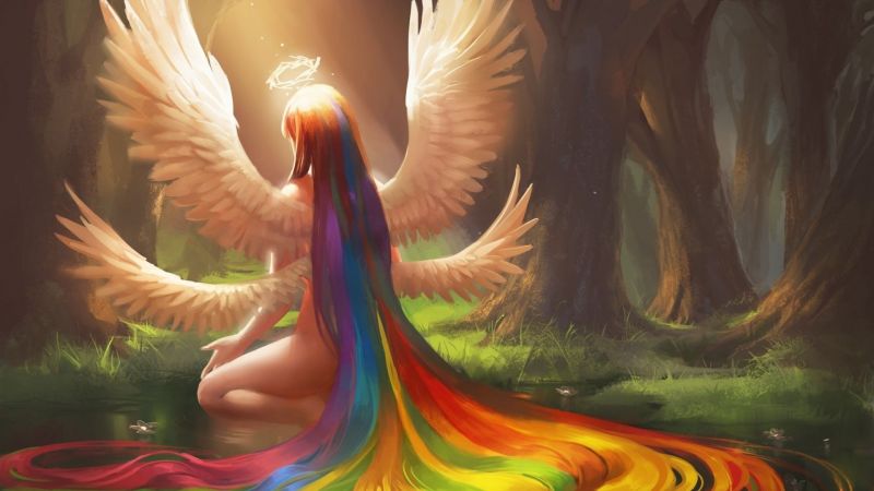 les, fantasy umění, anděl, duhy, křídla, drak les, fantasy umění, anděl, duhy, křídla, drak
