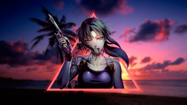 1920x1080 px,anime girls,Pacific Ocean,Black Lagoon,palm trees,pistol