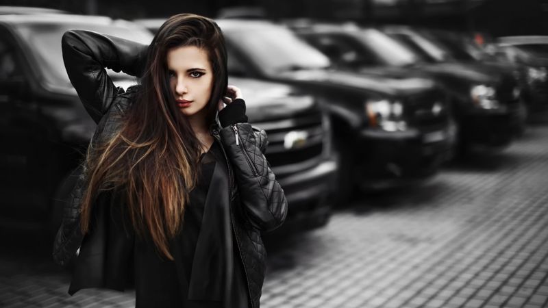 Černá, ženy, černobílý, model, dlouhé vlasy, auto Černá, ženy, černobílý, model, dlouhé vlasy, auto