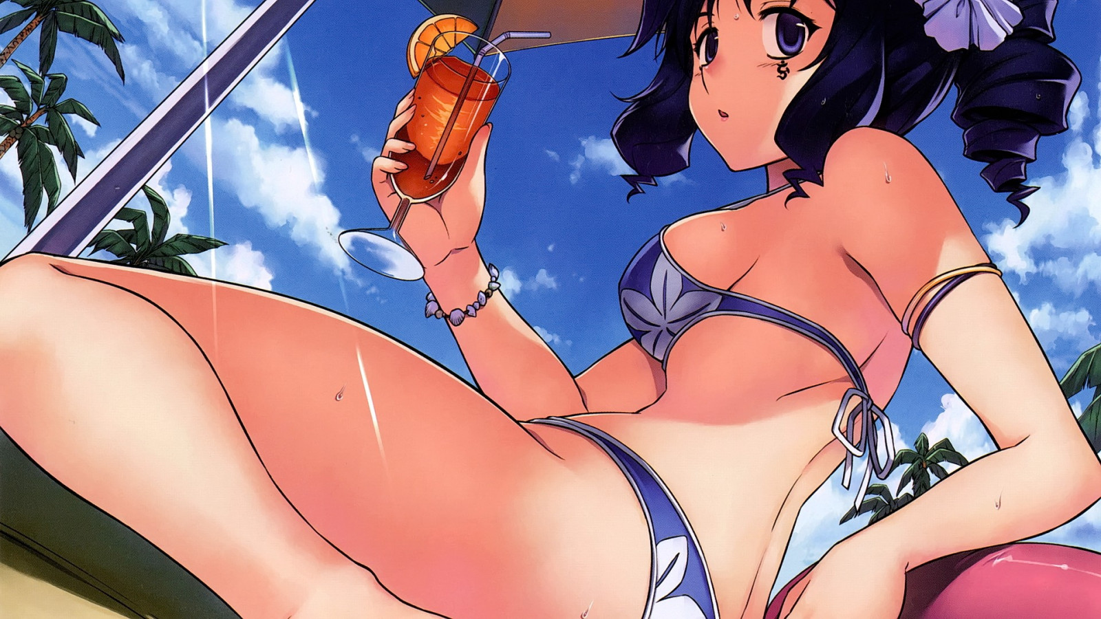 dlouhé vlasy, anime, anime dívky, bruneta, otevři pusu, nebe, mraky, deštník, kreslená pohádka, černé vlasy, pusa, bikiny, fialové oči, komiks, zmrazení, oblečení, Linchen Rana, noha, spodní prádlo