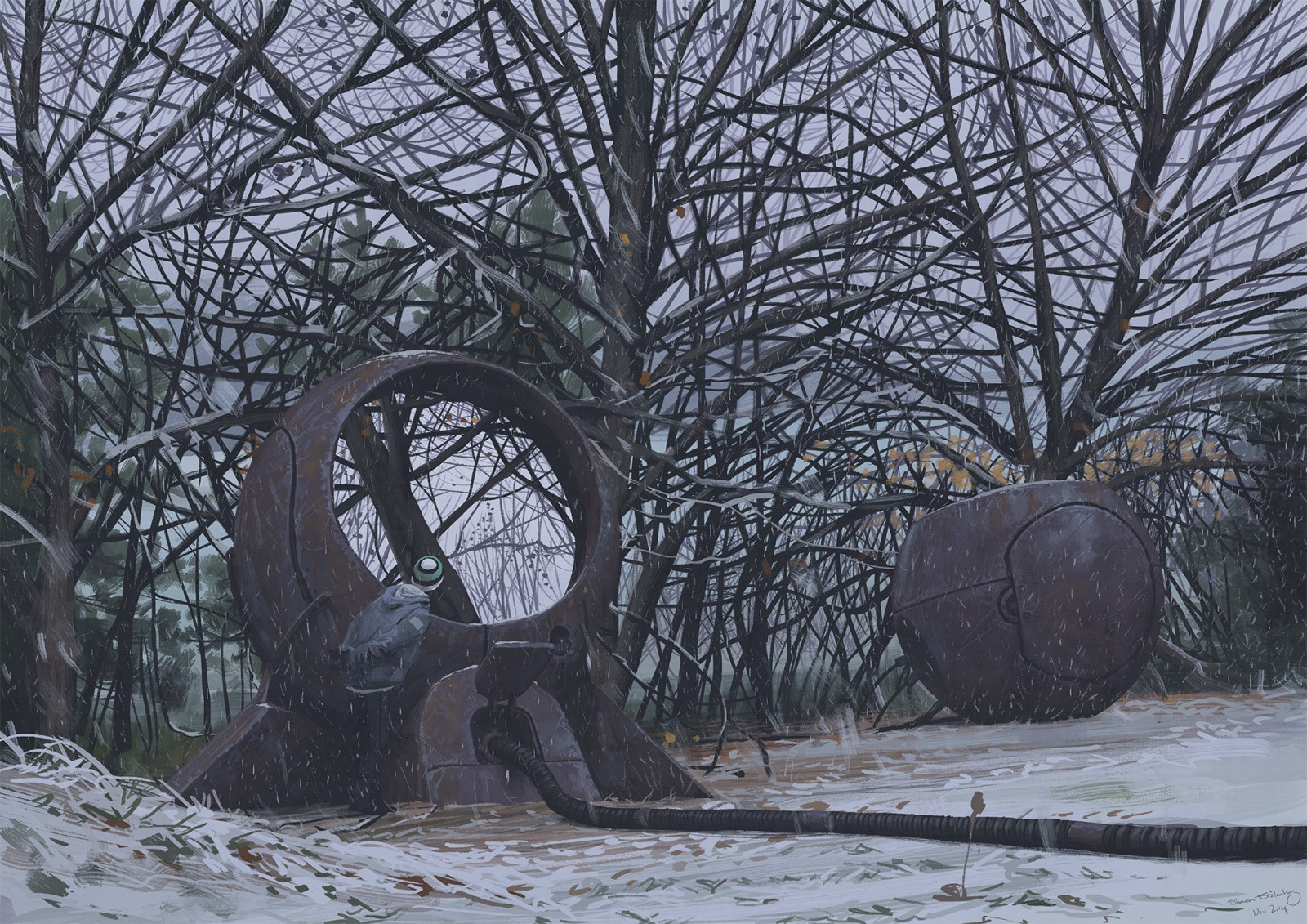 výkres, sníh, zima, futuristický, větev, led, mráz, sochařství, Simon Stalenhag, UMĚNÍ, strom, počasí, sezóna, dřevina