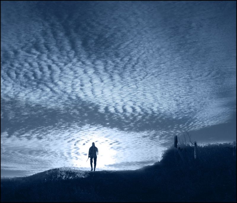 slunečnímu záření, černobílý, lidé, nebe, mraky, modrý