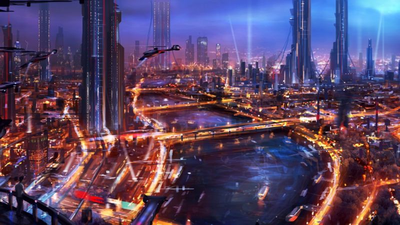 město, panoráma města, noc, odraz, futuristický, malování město, panoráma města, noc, odraz, futuristický, malování