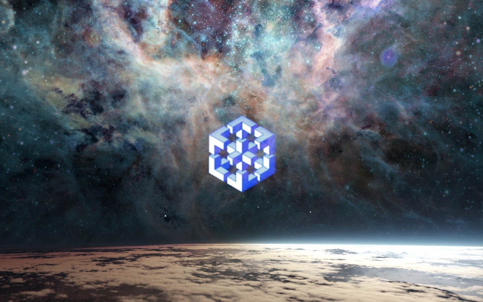 1680x1050 px, 3D, cubo, arte digitale, Terra, graffiti, Illusione Ottica, pianeta, spazio, stelle, universo
