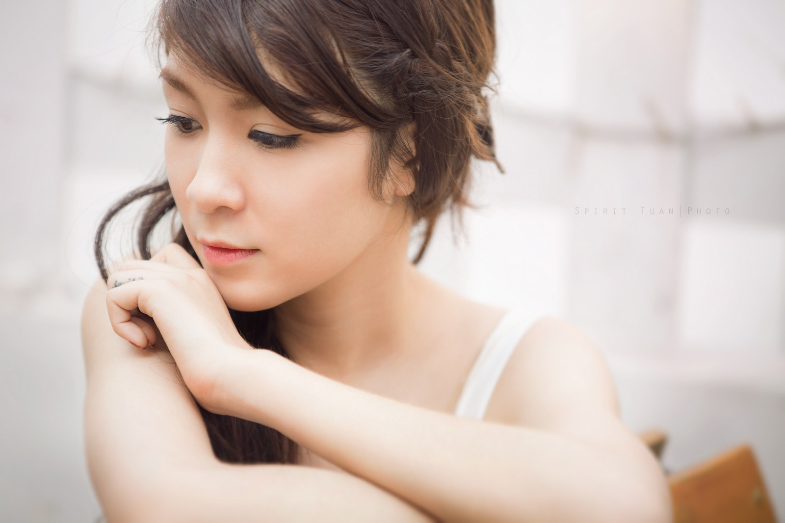 ženy, asijský, bruneta, portrét, dlouhé vlasy, odvrátila, oční linky, myslící