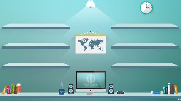 illustration, digital art, room, books, computer, clocks