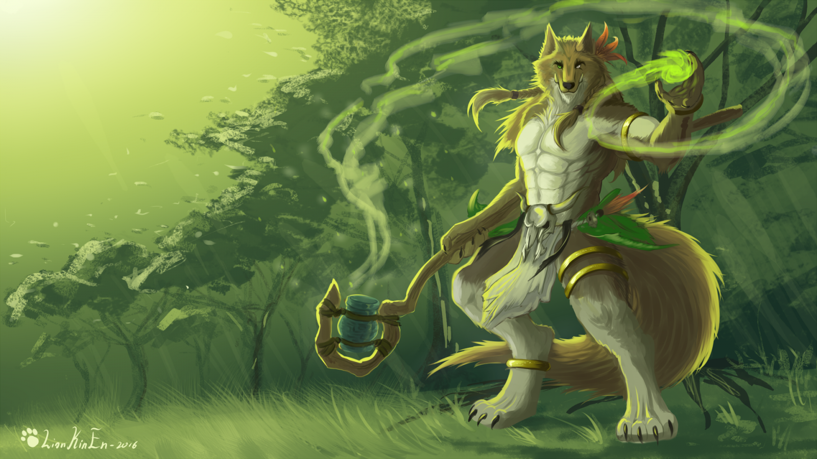 ilustrace, zelená, srstnatý, Anthro, džungle, mytologie, Šaman, Snímek obrazovky, počítač tapeta