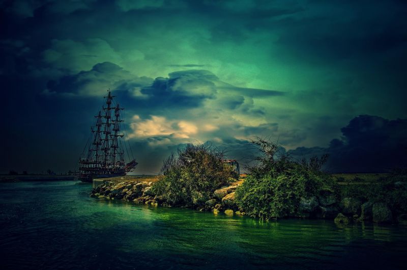 landscape, sea, ship, fantasy art, night, lake landscape, sea, ship, fantasy art, night, lake