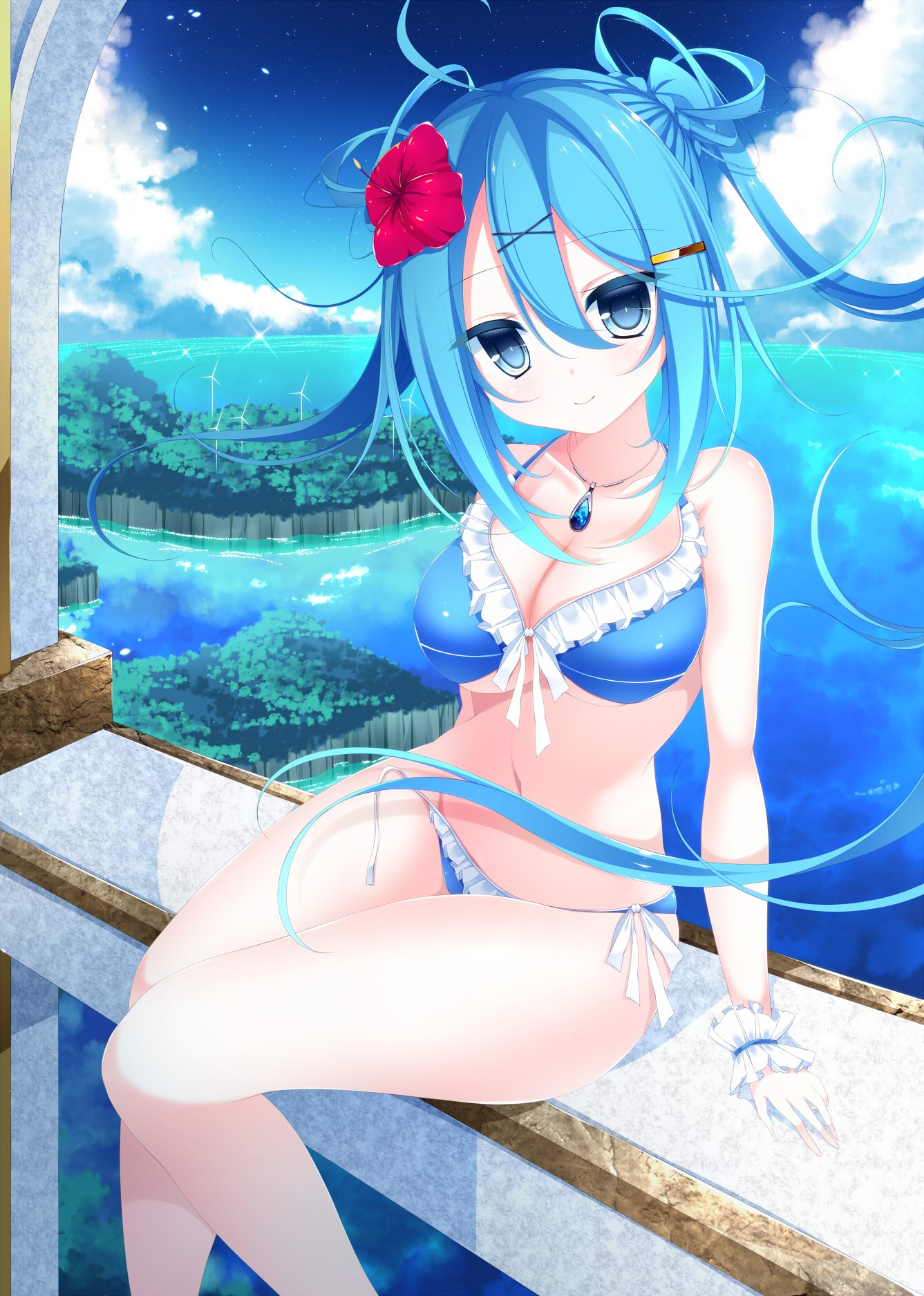 ilustrace, dlouhé vlasy, anime, anime dívky, modré vlasy, modré oči, nohy, kreslená pohádka, výstřih, bikiny, Podbohu