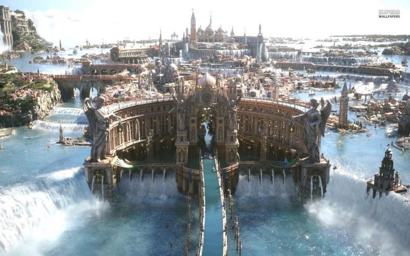 digitální umění, fantasy umění, panoráma města, vodopád, město, jezero digitální umění, fantasy umění, panoráma města, vodopád, město, jezero