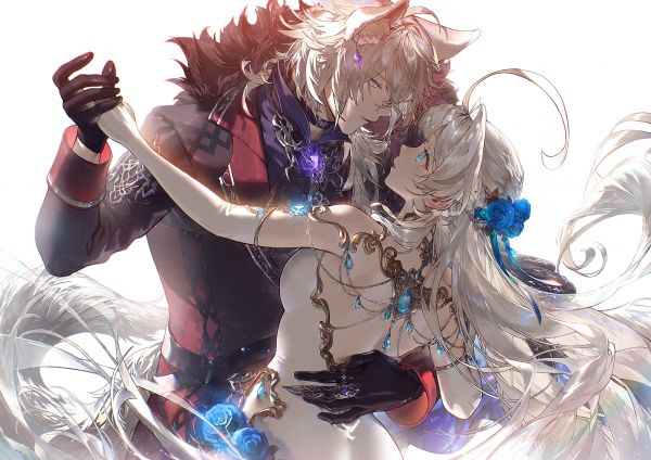 Yunikon,white dress,couple,animal ears,face to face,long hair