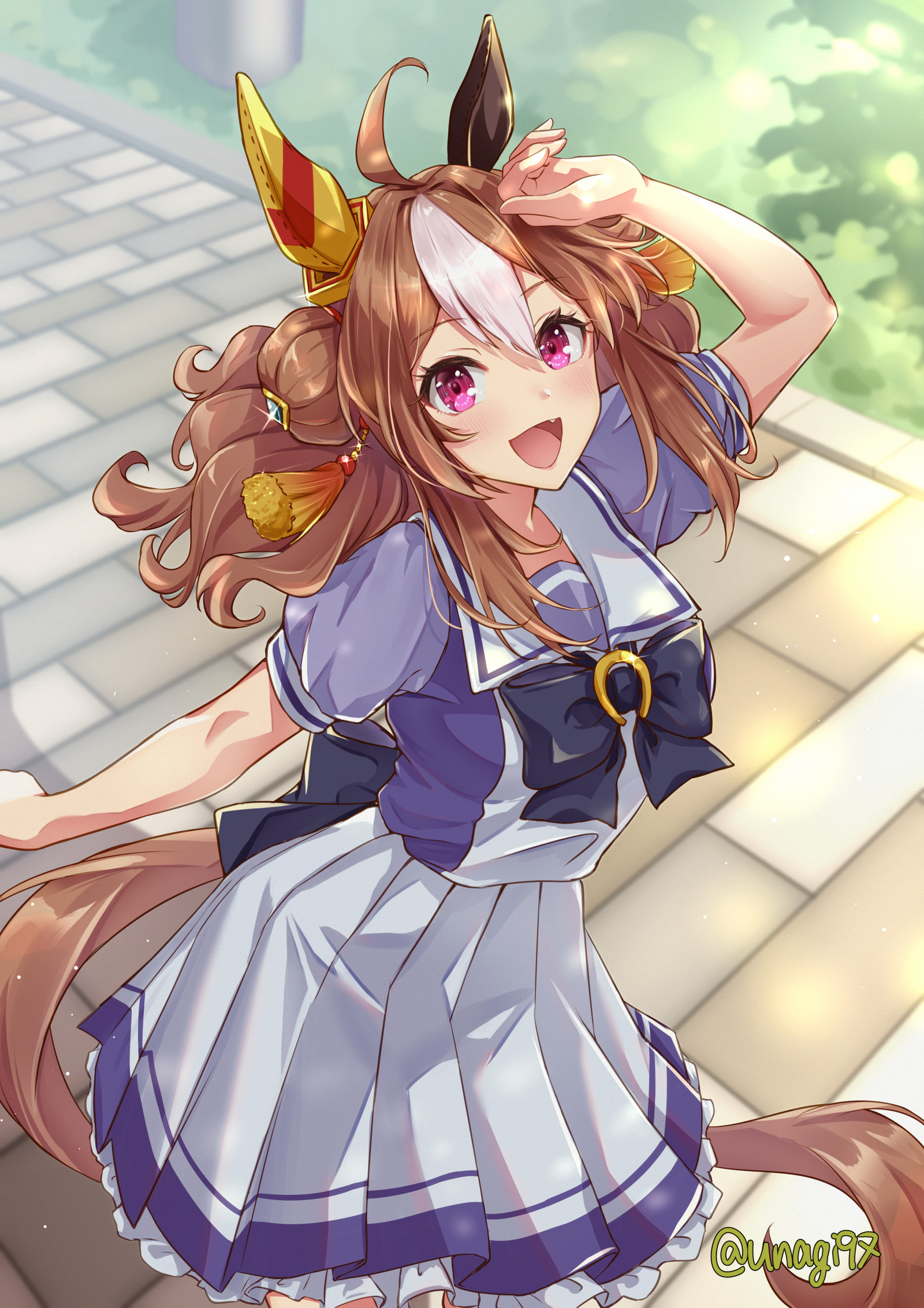 anime, anime dívky, Uma Musume Pretty Derby, Copano Rickey Uma Musume, hairbun, dlouhé vlasy, bruneta, horse girls, zvířecí uši, sólo, umělecká díla, digitální umění, fan art