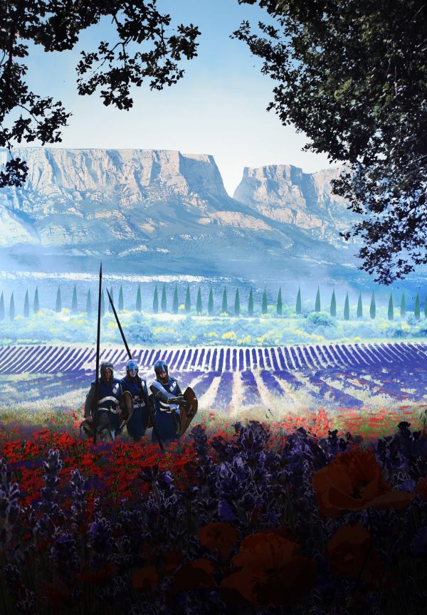 artwork, digital art, nature, trees, mountains, knight
