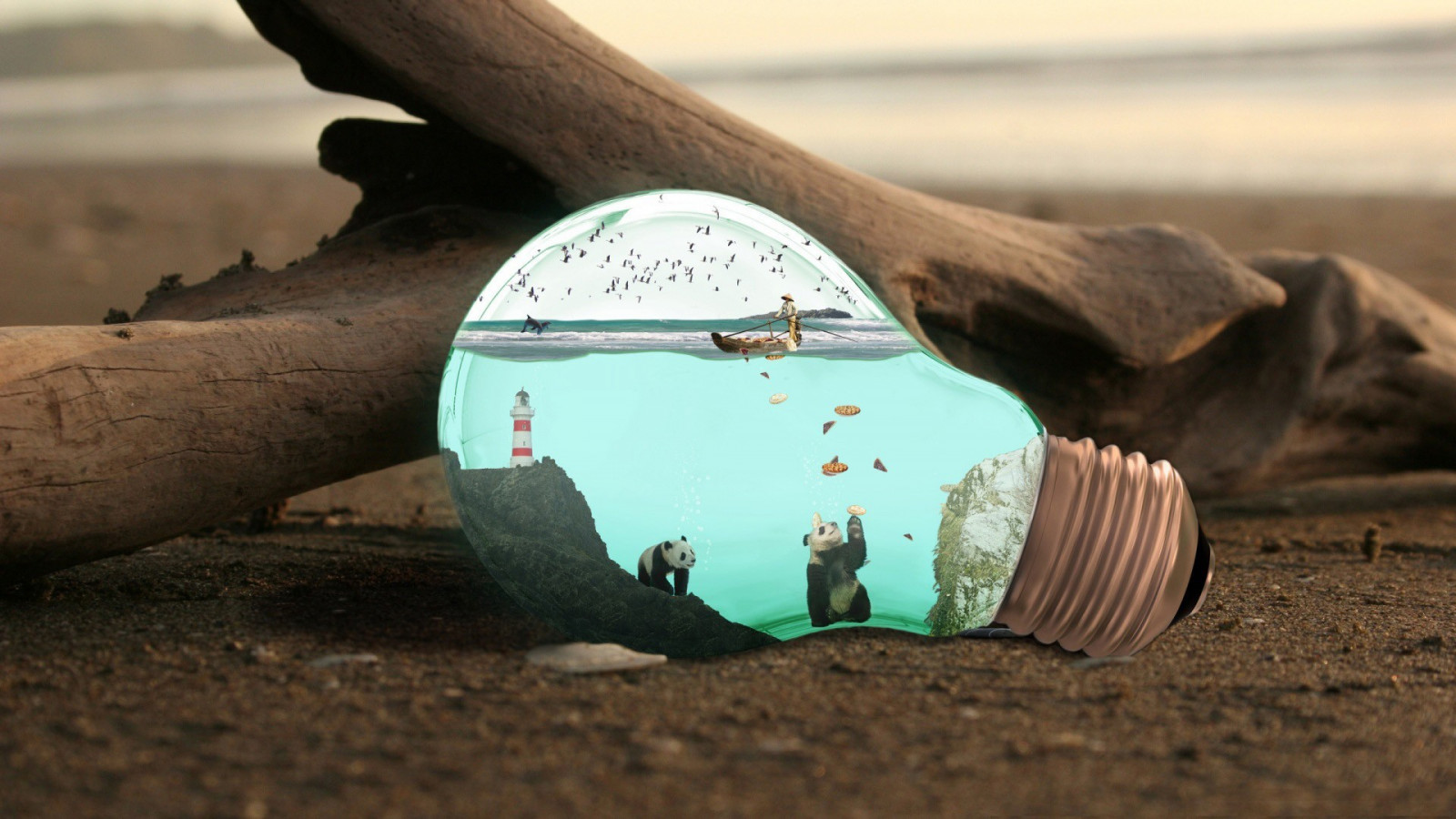 dijital sanat, deniz, Su, Kaya, kum, ahşap, yeşil, Deniz feneri, ampul, panda, renk, toprak