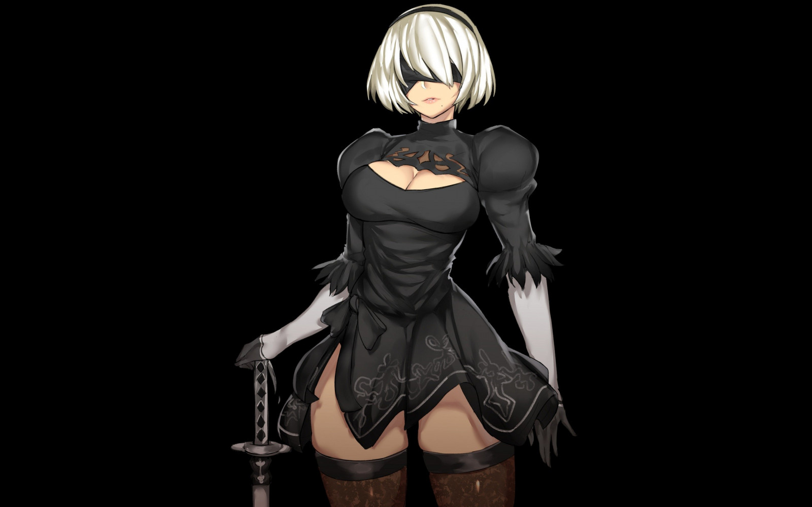 Sort baggrund, hvidt hår, anime, kort hår, våben, handsker, katana, Nier Automata, lår højder, spaltning, albue handsker, sværd, 2B Nier Automata, Nier, bind for øjnene, pandebånd, Person, kvinde kriger, fetish model
