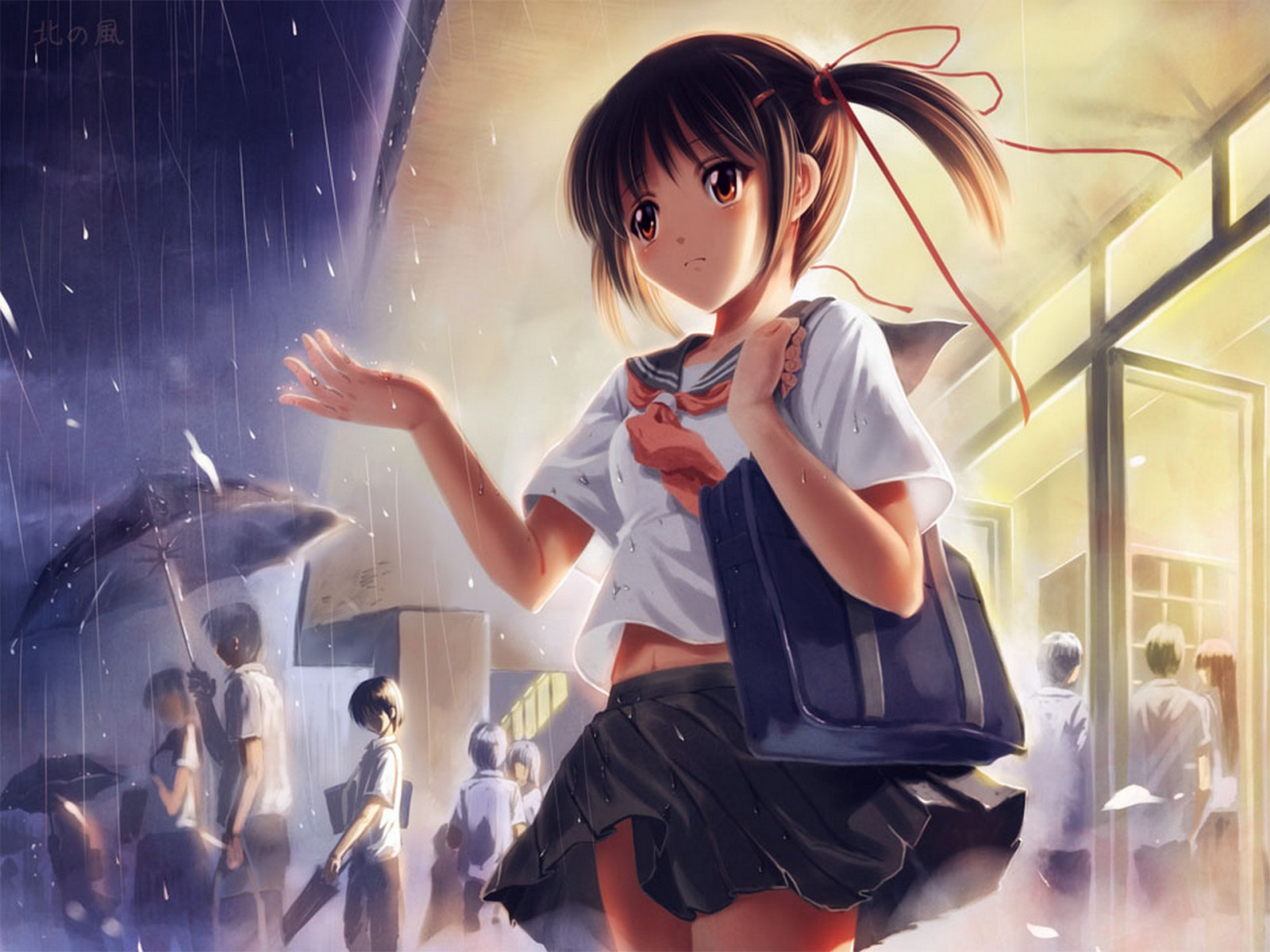 Fondos de pantalla Anime, lluvia, paraguas, Estudiantes, ART, niña