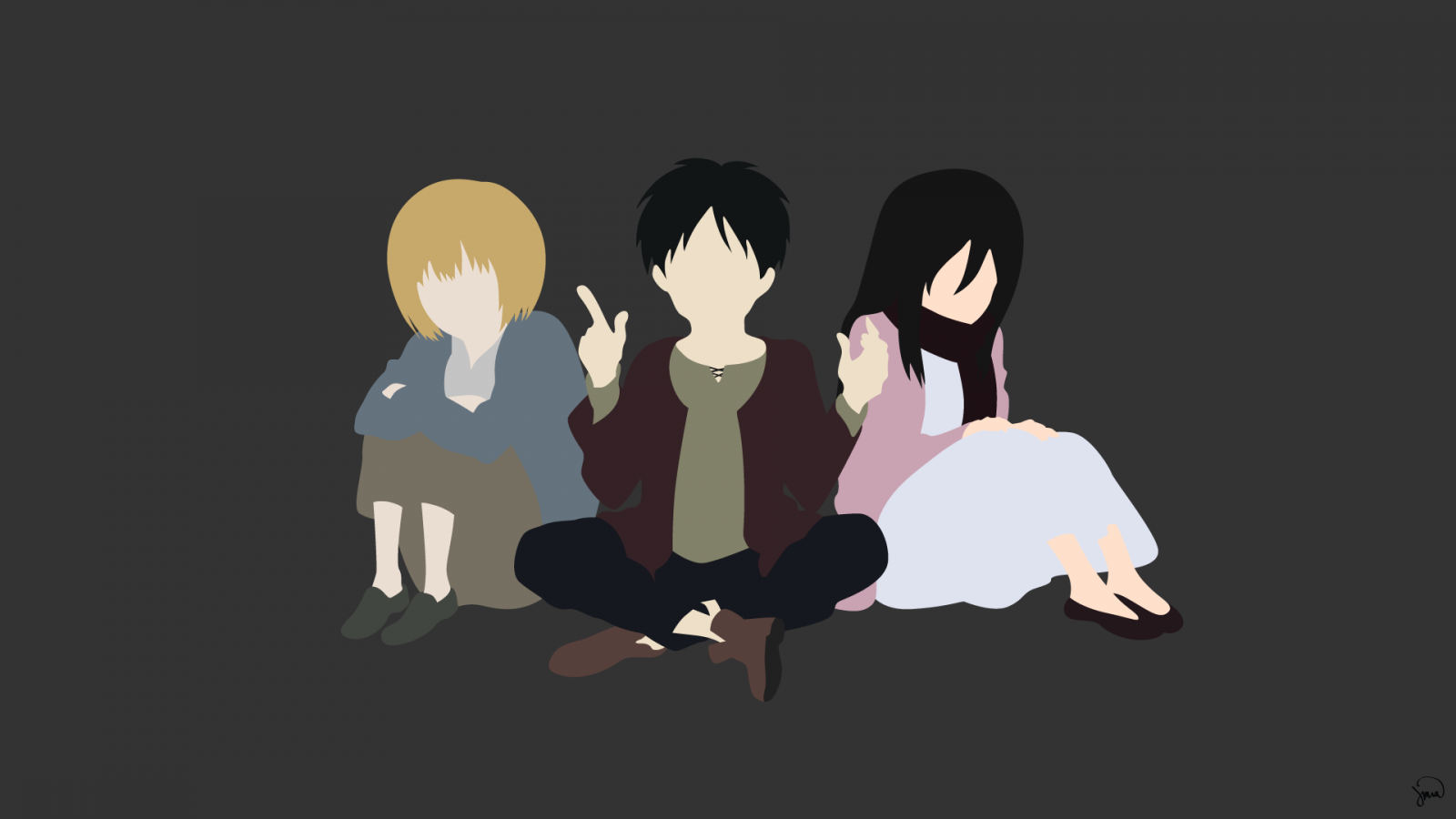 ilustrace, anime, kreslená pohádka, Shingeki no Kyojin, Eren Jeager, Mikasa Ackerman, Armin Arlert, ruka, mangaka