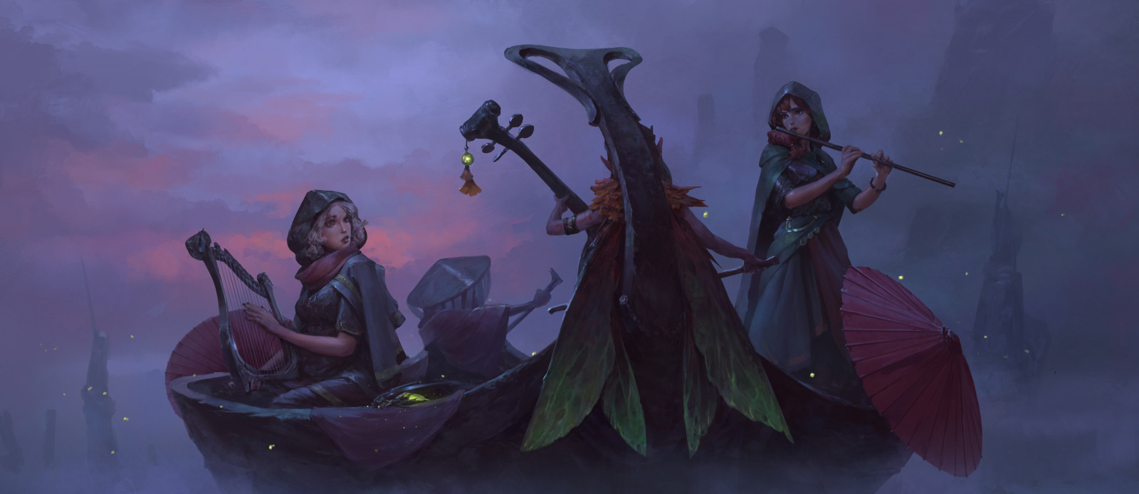 Wallpaper artwork, fantasy art, women, boat, vehicle, music, musical instrument 3840x1667
